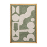 Longton Wool Wall Decor in green, a tufted abstract wall art piece with cream geometric shapes in a slim wooden frame, shown against a plain white background.