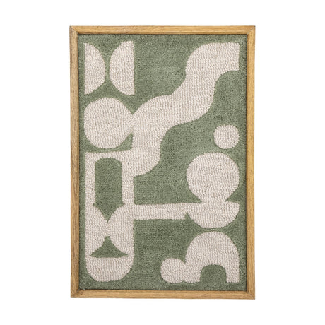 Longton Wool Wall Decor in green, a tufted abstract wall art piece with cream geometric shapes in a slim wooden frame, shown against a plain white background.