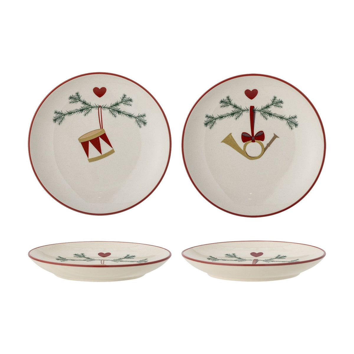Yule Stoneware Christmas Plates Set of 2 in cream, side plates with red rims featuring pine sprigs, hearts, and drum or horn ornament designs, shown flat and on their sides against a white background.