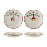 Yule Stoneware Christmas Plates Set of 2 in cream, side plates with red rims featuring pine sprigs, hearts, and drum or horn ornament designs, shown flat and on their sides against a white background.