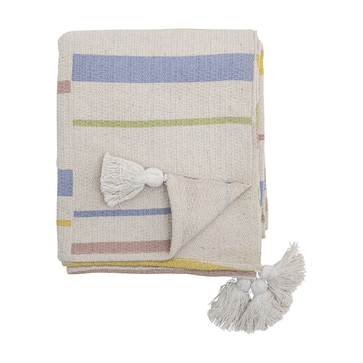 Pontino Striped Cotton Throw in cream, folded with blue, green, pink and yellow stripes and white corner tassels, shown on a plain white background.