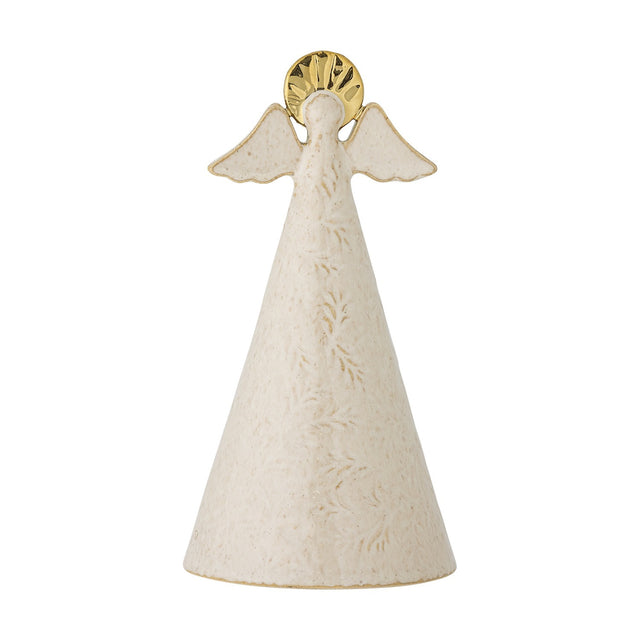 Liza Embossed Stoneware Christmas Decoration, a cream angel figurine with cone-shaped body, leafy sprig embossing, short wings and a gold halo, shown on a plain white background.