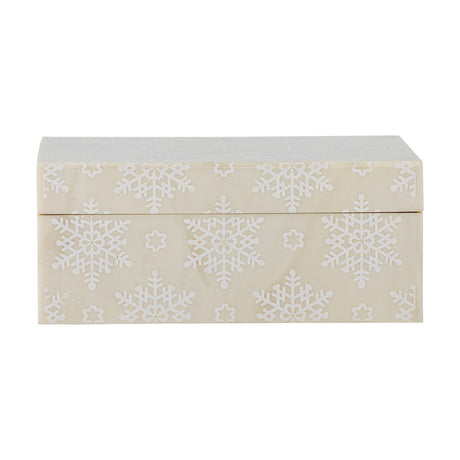 Cheri rectangular Christmas storage box with lift-off lid in cream resin, patterned with pale snowflakes and stars on all sides, shown on a plain white background.