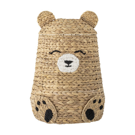 Timone Bear Water Hyacinth Basket with Lid in Natural, a tall woven storage basket shaped like a sitting bear with ear-topped lid, stitched face, and dark paw pad accents.