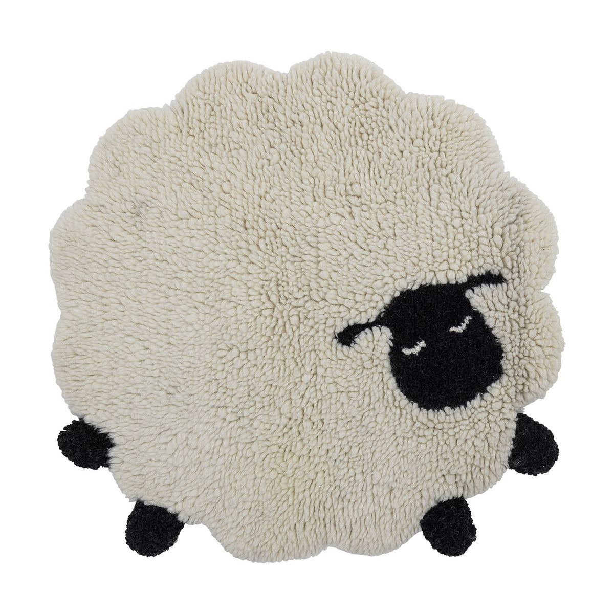 Dolly Sheep Wool Rug 84x84cm in cream, a scalloped fleece-shaped kids' rug with black face, closed eyes, floppy ears and four round feet, on a white background.