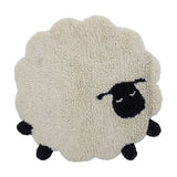 Dolly Sheep Wool Rug 84x84cm in cream, a scalloped fleece-shaped kids' rug with black face, closed eyes, floppy ears and four round feet, on a white background.