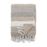 Isnel Brown Striped Cotton Throw folded square showing ribbed horizontal stripes in brown, grey and white with a knotted fringe edge, on a plain white background.