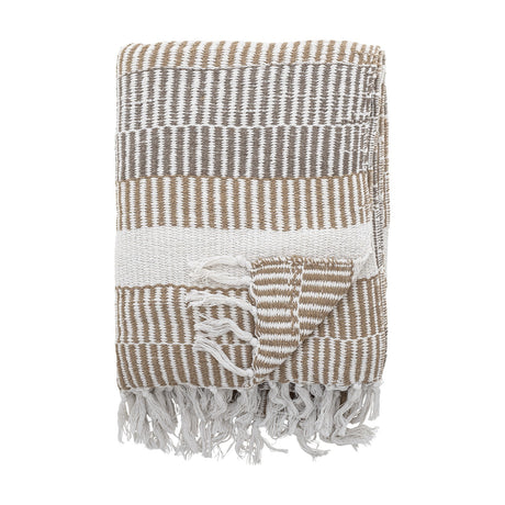 Isnel Brown Striped Cotton Throw folded square showing ribbed horizontal stripes in brown, grey and white with a knotted fringe edge, on a plain white background.