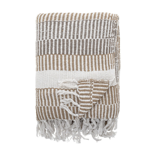 Isnel Brown Striped Cotton Throw folded square showing ribbed horizontal stripes in brown, grey and white with a knotted fringe edge, on a plain white background.