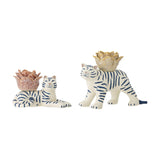 Rory Striped Stoneware Candle Holders Set of 2 in multicoloured ceramic, one lying and one standing tiger each carrying a flower-shaped candle cup, on a plain white background.