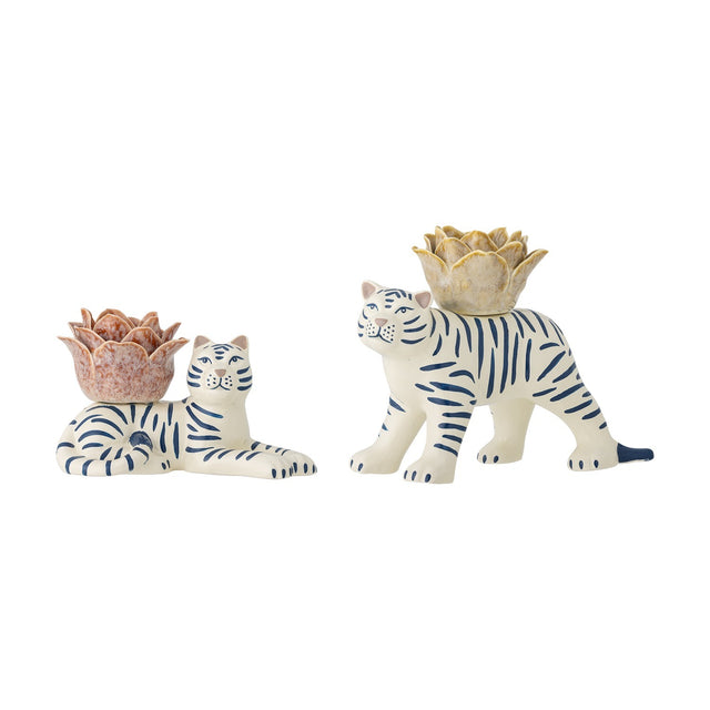 Rory Striped Stoneware Candle Holders Set of 2 in multicoloured ceramic, one lying and one standing tiger each carrying a flower-shaped candle cup, on a plain white background.