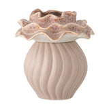 Petalia Stoneware Vase 17cm in pink, featuring a glossy ribbed fluted round body and a ruffled, speckled mottled collar, shown on a plain white background.