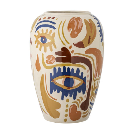 Horus Stoneware Vase 32cm in multicoloured ceramic, rounded shoulders tapering to a narrow base, hand-painted with abstract eyes, face outlines and brush-stroke shapes on a plain white background.