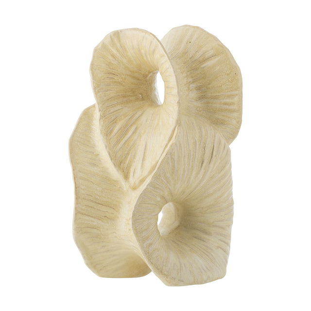 Fabien Stoneware Ornament in cream, a sculptural piece of folded, ribbon-like forms with two open centres and fine fanned carved lines, shown on a plain white background.
