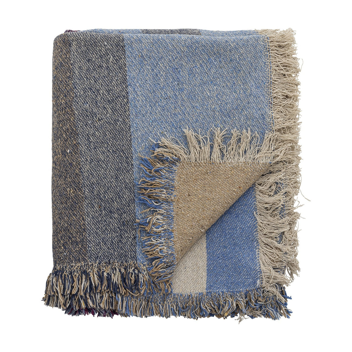 Maji Cotton Throw in Multi, folded cotton-blend throw with blue, charcoal and tan colour-block panels, tweedy flecked texture and loose fringed edges, shown on a plain white background.