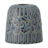 Samsin Floral Stoneware Candle Holder in blue, a small dome-shaped ceramic piece with embossed panels and floral relief under a glossy glaze, on a plain white background.