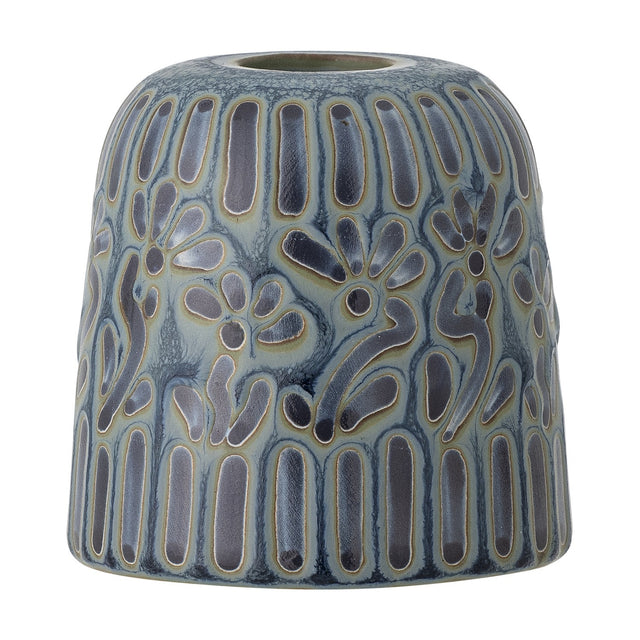 Samsin Floral Stoneware Candle Holder in blue, a small dome-shaped ceramic piece with embossed panels and floral relief under a glossy glaze, on a plain white background.