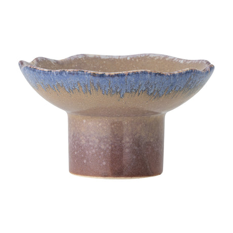 Cloe Stoneware Candle Holder 8cm in Multi, a mushroom-shaped ceramic dish on a short round foot with a wavy rim and blue-brown drip glaze, shown on a plain white background.