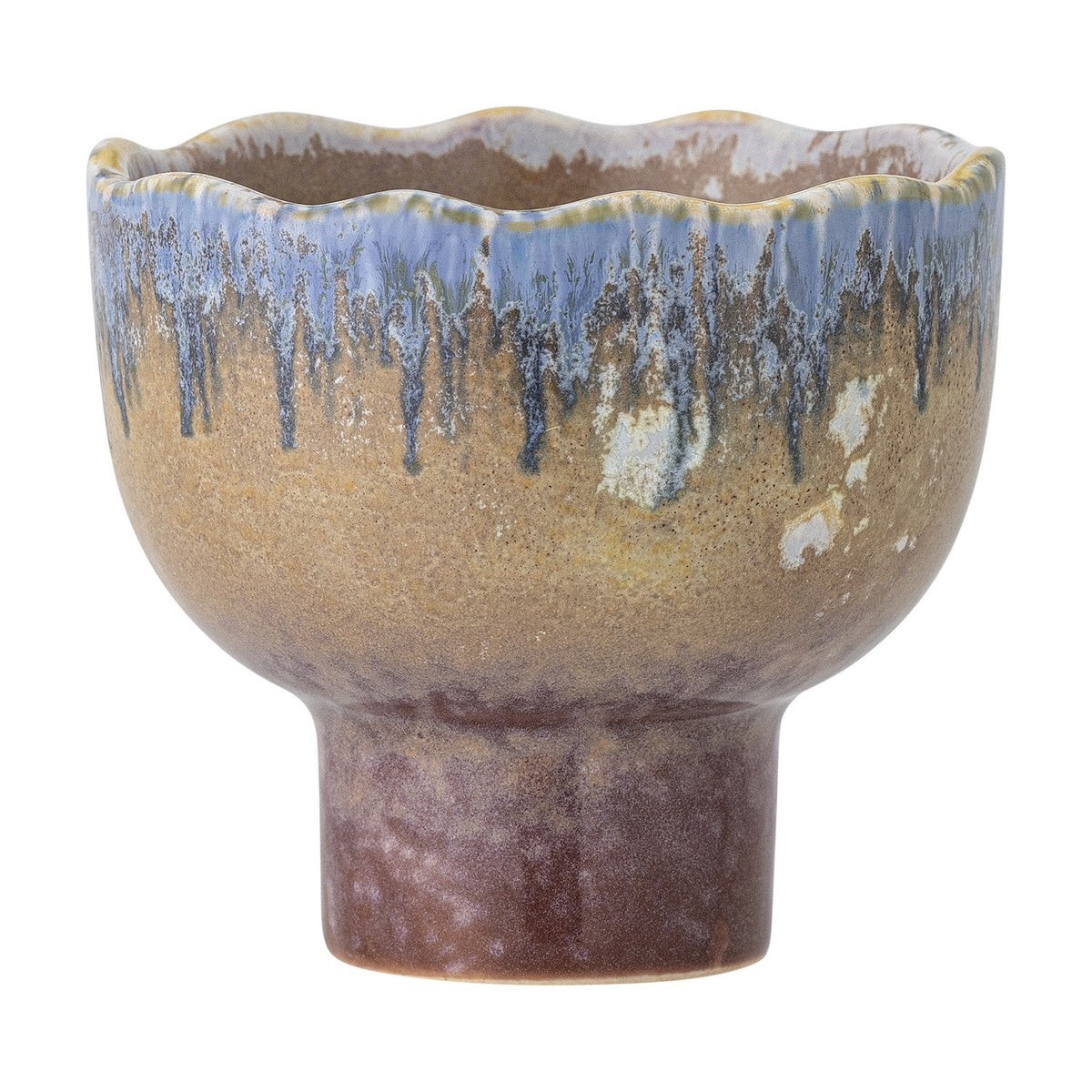 Cloe Stoneware Candle Holder 9cm in Multi, a footed pedestal piece with scalloped rim and drip-glazed, speckled finish in blue, tan and brown tones, shown on a white background.