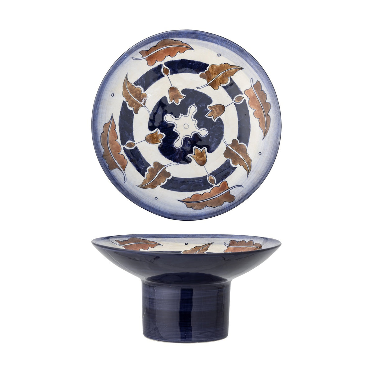 Myrna Stoneware Pedestal Bowl 29cm, viewed from above and side, a wide shallow bowl on a cylindrical foot with a multicoloured leaf and band design on white.