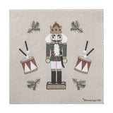 Jolly Paper Christmas Napkin in beige, pack of 20, featuring a crowned nutcracker soldier with drums and pine sprigs on a plain background.