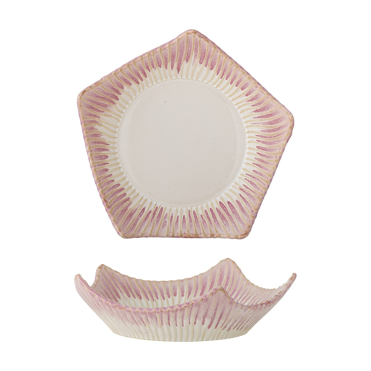 Pentagon-shaped stoneware bowl, 28cm, with pink striped pattern radiating from a plain cream centre, shown top-down and side-on on a white background.