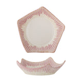 Pentagon-shaped stoneware bowl, 28cm, with pink striped pattern radiating from a plain cream centre, shown top-down and side-on on a white background.