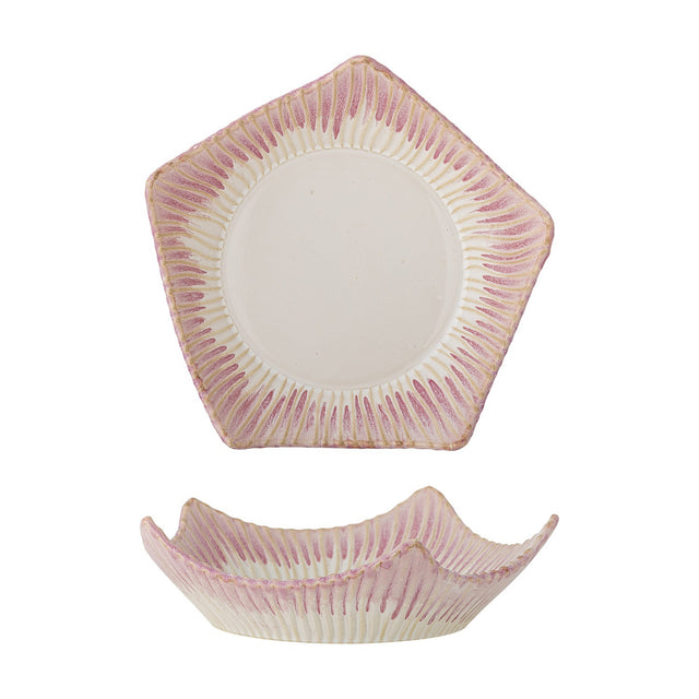 Pentagon-shaped stoneware bowl, 28cm, with pink striped pattern radiating from a plain cream centre, shown top-down and side-on on a white background.