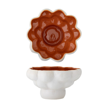 Valkyrie Stoneware Bowl 28.5cm with scalloped flower-edged rim, bubbled white exterior, glossy terracotta interior glaze, and footed base, shown from above and in profile.
