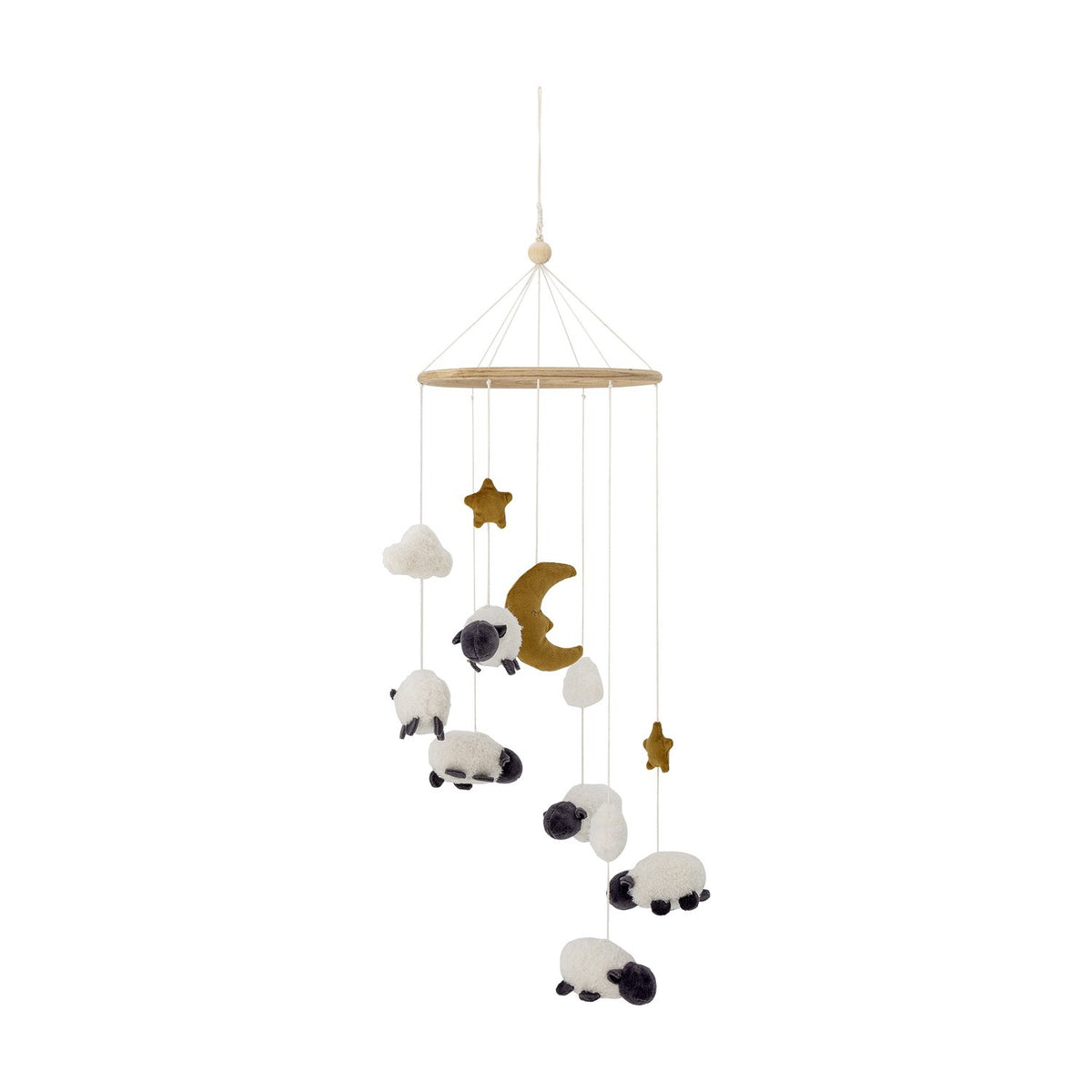 Dolly Star Baby Mobile in white, a round wooden hoop hung with fabric sheep, crescent moon, stars and clouds on individual cords, set against a plain white background.