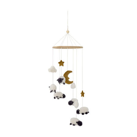 Dolly Star Baby Mobile in white, a round wooden hoop hung with fabric sheep, crescent moon, stars and clouds on individual cords, set against a plain white background.