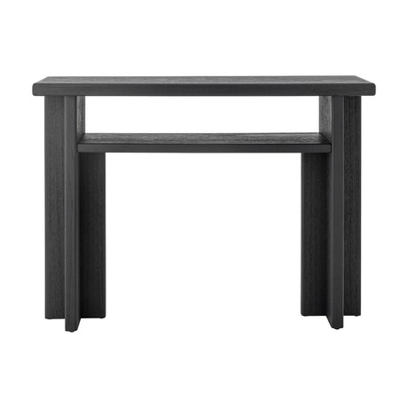 Cupa wooden console table in black, with a rectangular top, open lower shelf, and cross-panel legs in firwood and MDF, shown on a plain white background.