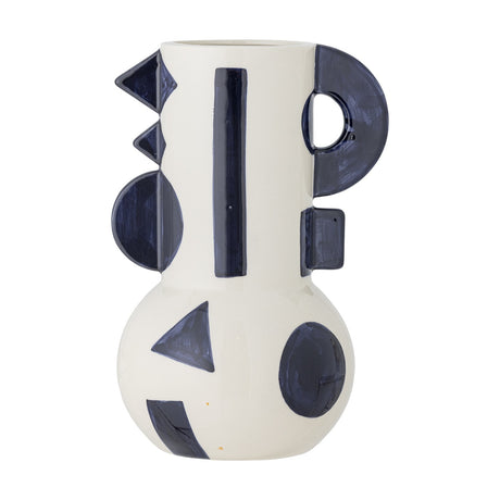 Cream geometric stoneware vase, 24cm, with rounded base, tall neck in navy stripes, triangles and circles, raised D-shaped handle and square detail, on white background.