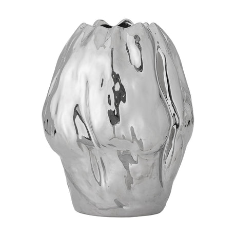 Bobby Stoneware Vase 29cm in Silver, a crumpled-texture ceramic vase with a high-gloss finish, rounded body, and wavy uneven rim, shown against a plain white background.