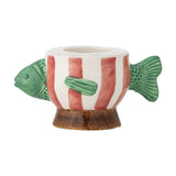 Codia Fish Stoneware Tealight & Candle Holder in multicoloured finish, with green fish head and tail, red and white striped rounded body, and brown footed base on a white background.
