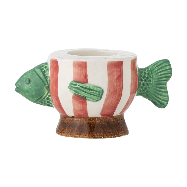 Codia Fish Stoneware Tealight & Candle Holder in multicoloured finish, with green fish head and tail, red and white striped rounded body, and brown footed base on a white background.