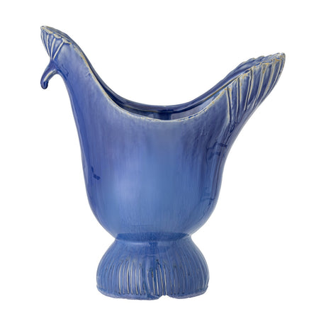 Wylie Bird Stoneware Vase 29cm in blue, with a curved beak, crested head, ribbed fanned tail-like rim, and ribbed foot, shown on a plain white background.