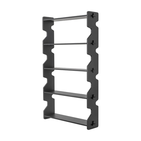 Savoya Wooden Wall Shelf in black fir with five tiers and wavy, stepped side panels, shown at an angle against a plain white background.