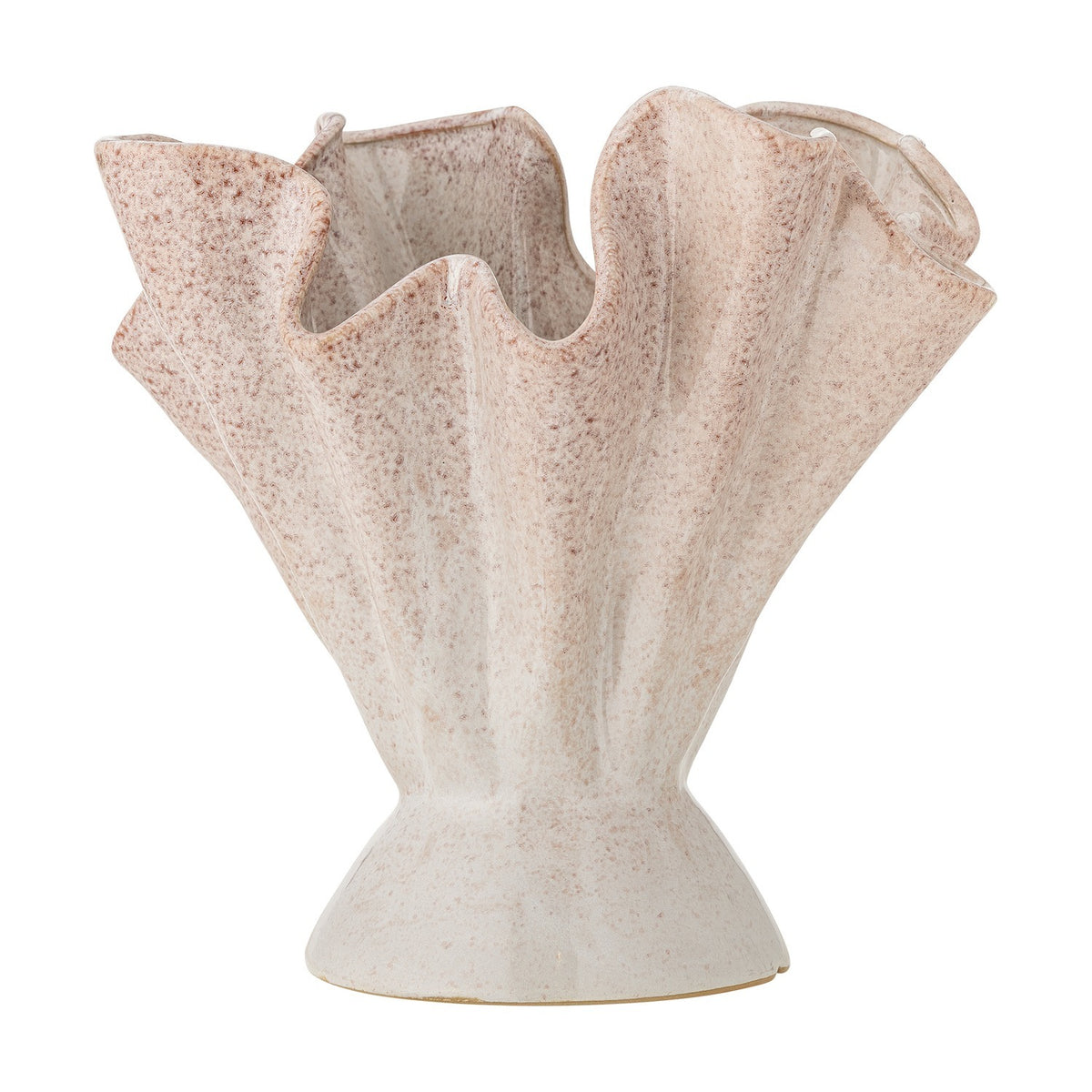 Plier Stoneware Vase 29cm in pink, with fluted walls fanning into a wavy rim above a short flared foot, speckled ceramic finish, shown on a plain white background.