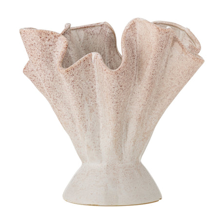 Plier Stoneware Vase 29cm in pink, with fluted walls fanning into a wavy rim above a short flared foot, speckled ceramic finish, shown on a plain white background.