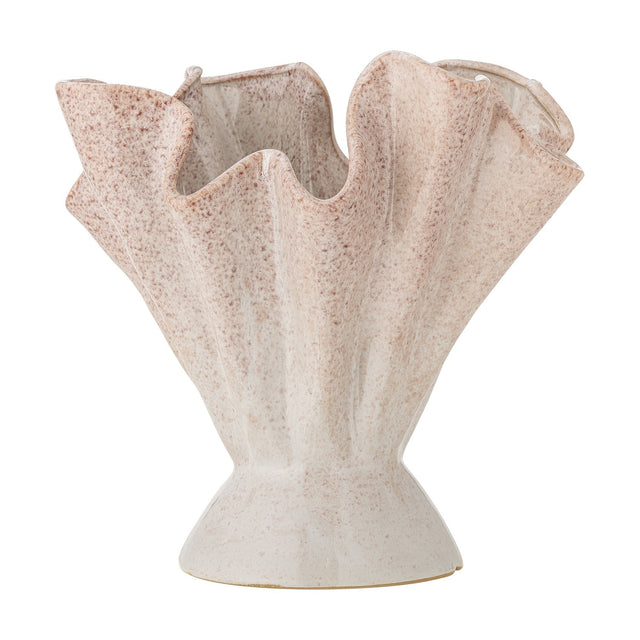 Plier Stoneware Vase 29cm in pink, with fluted walls fanning into a wavy rim above a short flared foot, speckled ceramic finish, shown on a plain white background.