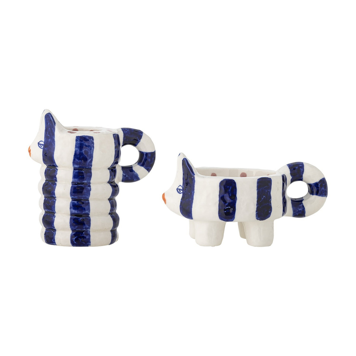 Caty Striped Stoneware Candle Holders Set of 2 in blue and white, shaped as cats with curled tail handles, one tall stacked-ring design and one low four-legged form, on a plain white background.