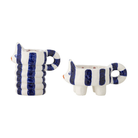 Caty Striped Stoneware Candle Holders Set of 2 in blue and white, shaped as cats with curled tail handles, one tall stacked-ring design and one low four-legged form, on a plain white background.