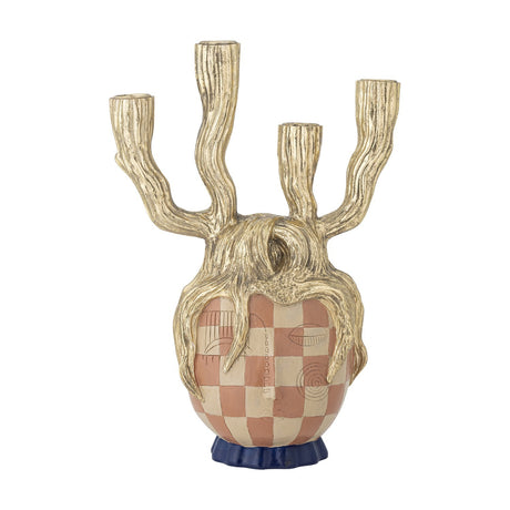 Medusa Resin Candle Holder in gold with four branching candle arms over a checked terracotta and cream face, blue footed base, on a plain white background.