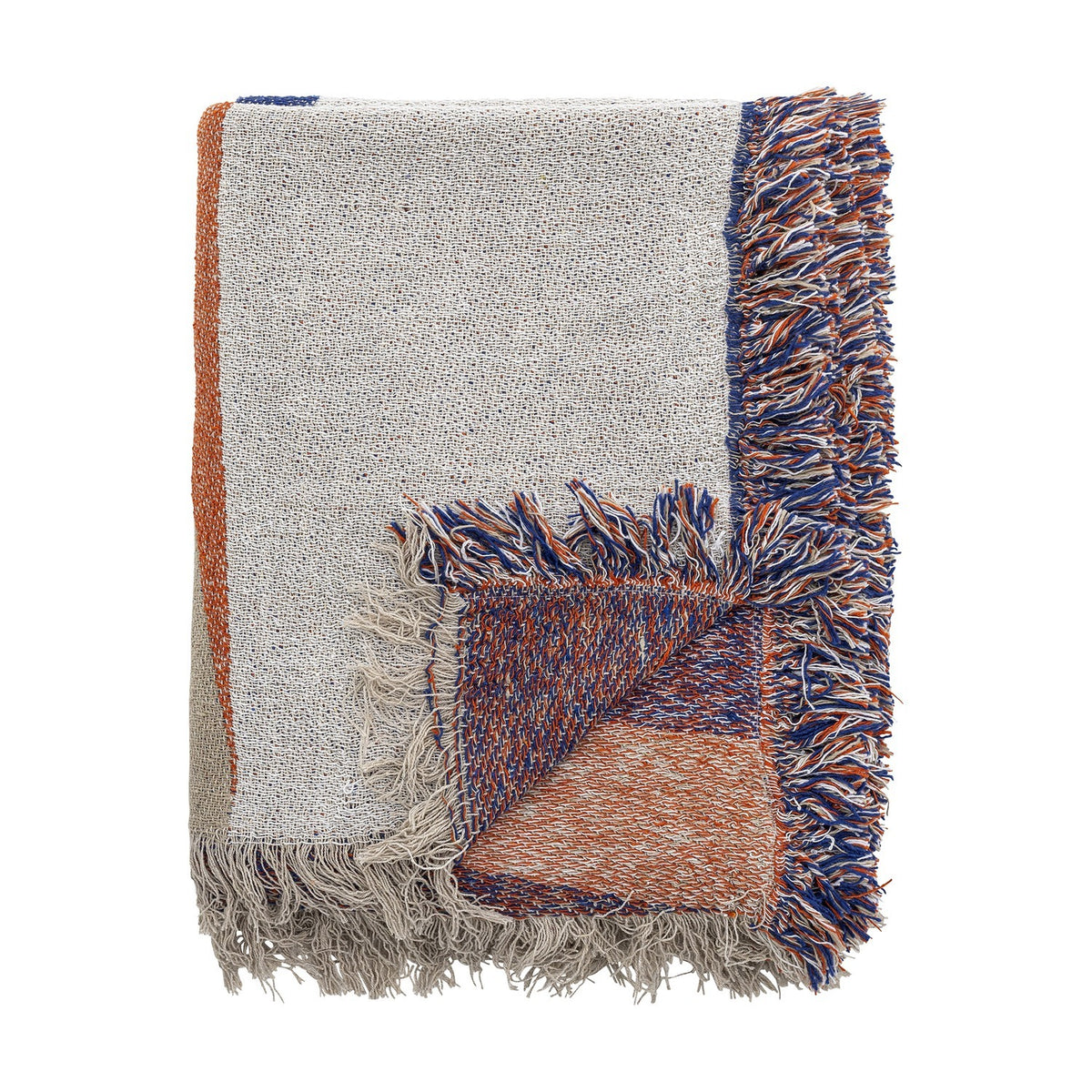 Clarita Cotton Throw in multicoloured woven cotton, folded to show cream, orange and blue geometric blocks with contrasting fringed edges on a white background.