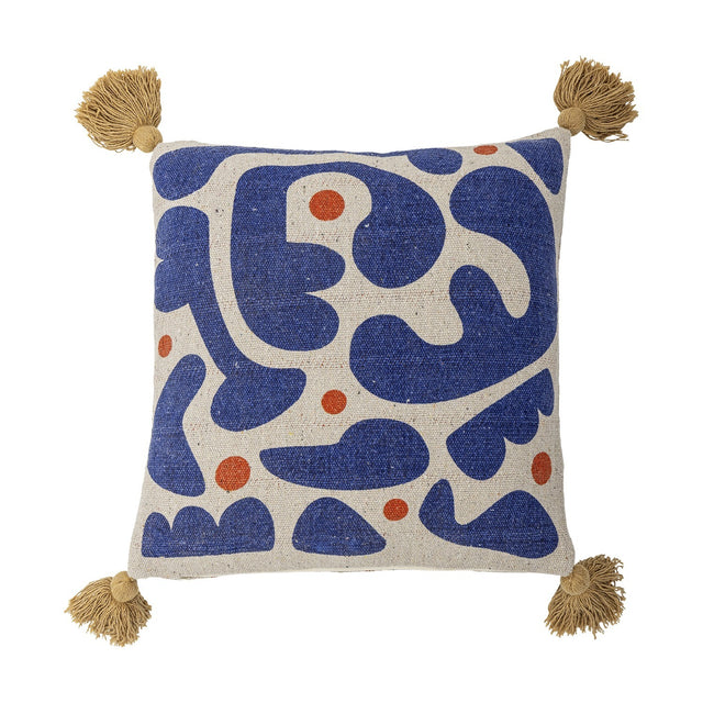 Eviaya Cotton Cushion in Multi, square with a bold abstract pattern of blue curving shapes and orange dots on natural cotton, finished with mustard tassels at each corner, on a white background.