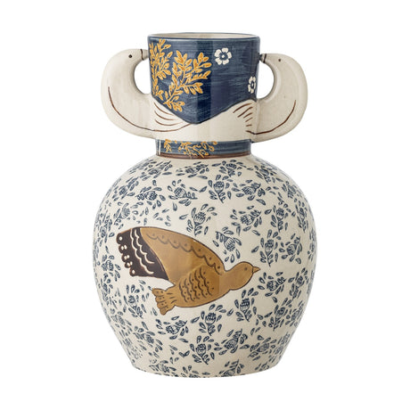 Hezha Floral Stoneware Vase 23.5cm in blue, round body with bird-shaped handles, a painted bird and blue floral pattern, deep blue banded neck, shown on a white background.