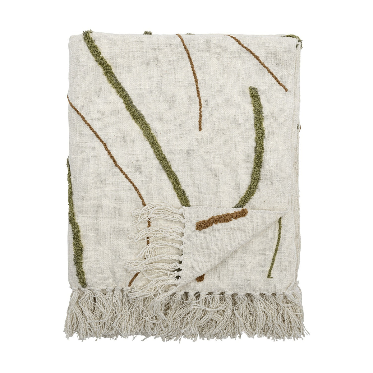 Osasio Cotton Throw in cream, folded, showing tufted olive green and fine brown stitched line patterns with knotted fringe edge, on a plain white background.
