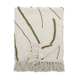 Osasio Cotton Throw in cream, folded, showing tufted olive green and fine brown stitched line patterns with knotted fringe edge, on a plain white background.