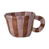 Nini Brown Striped Stoneware Cup 110ml, small ceramic cup with hand-painted brown and lilac vertical stripes and a chunky loop handle, shown on a plain white background.